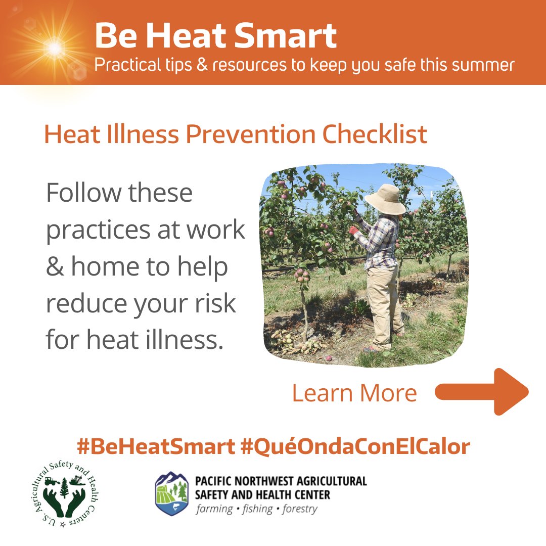 PNASHCenter's tweet photo. ☀️🌡️Temps are expected to stay high this week in WA. 
👀 Sharing quick tips to prevent heat illness and #BeHeatSmart when working in the heat… 
💦 Water
⏱️ Rest 
⛱️ Shade
Visit Heat Toolkit for more resources: https://t.co/oelBsnNW6N #BeHeatSmart #queondaconelcalor https://t.co/UoWecKR9xd
