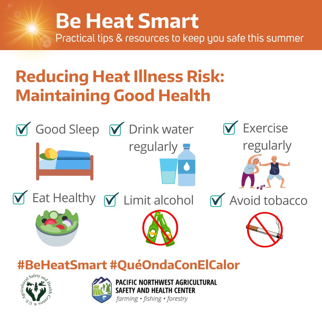 PNASHCenter's tweet photo. ☀️🌡️Temps are expected to stay high this week in WA. 
👀 Sharing quick tips to prevent heat illness and #BeHeatSmart when working in the heat… 
💦 Water
⏱️ Rest 
⛱️ Shade
Visit Heat Toolkit for more resources: https://t.co/oelBsnNW6N #BeHeatSmart #queondaconelcalor https://t.co/UoWecKR9xd