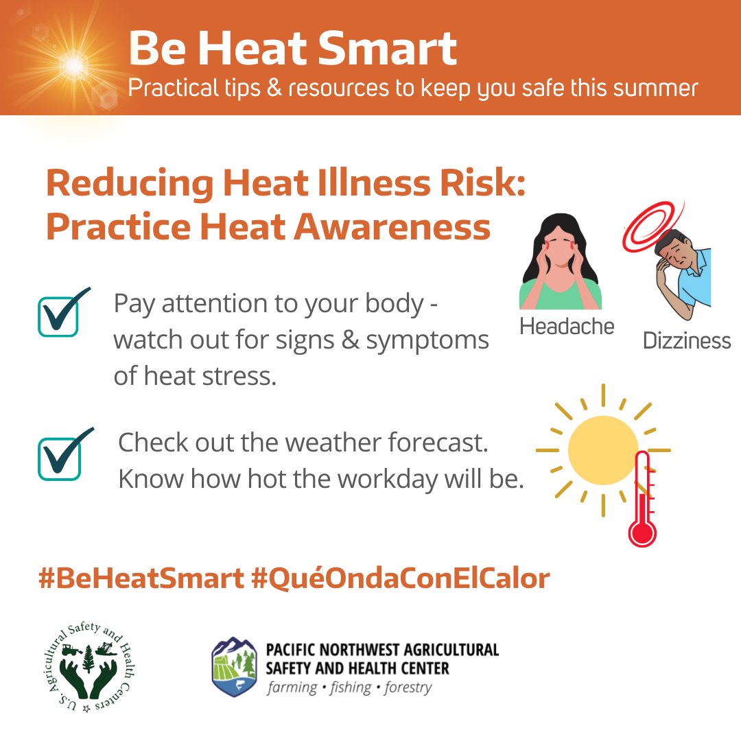 PNASHCenter's tweet photo. ☀️🌡️Temps are expected to stay high this week in WA. 
👀 Sharing quick tips to prevent heat illness and #BeHeatSmart when working in the heat… 
💦 Water
⏱️ Rest 
⛱️ Shade
Visit Heat Toolkit for more resources: https://t.co/oelBsnNW6N #BeHeatSmart #queondaconelcalor https://t.co/UoWecKR9xd