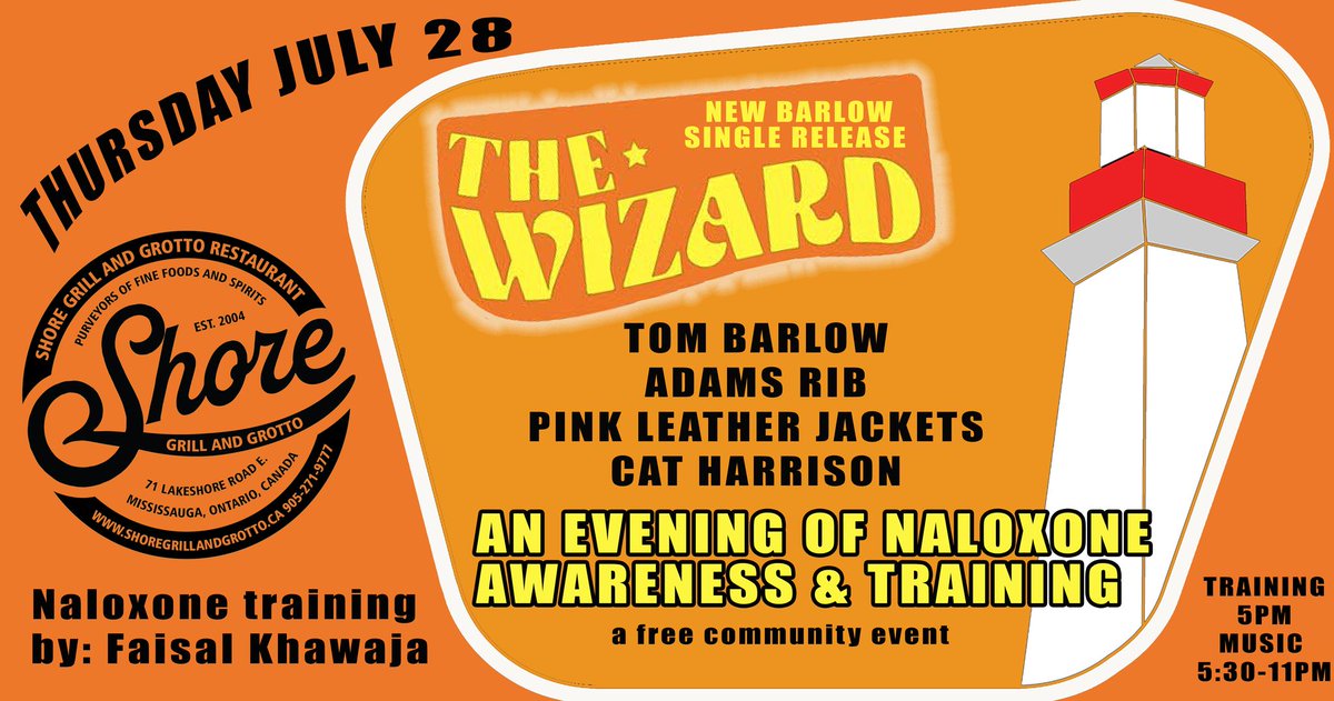 Join <a href="/BarlowCommunity/">Tom Barlow</a> for an Evening of Naxolone Awareness &amp; "The Wizard" single release.

Happening July 28, 5 PM at Shore Grill &amp; Grotto, this free event will offer Naloxone training and live music performances from Tom Barlow, Cat Jam Cat, Pink Leather Jackets, and adams rib.