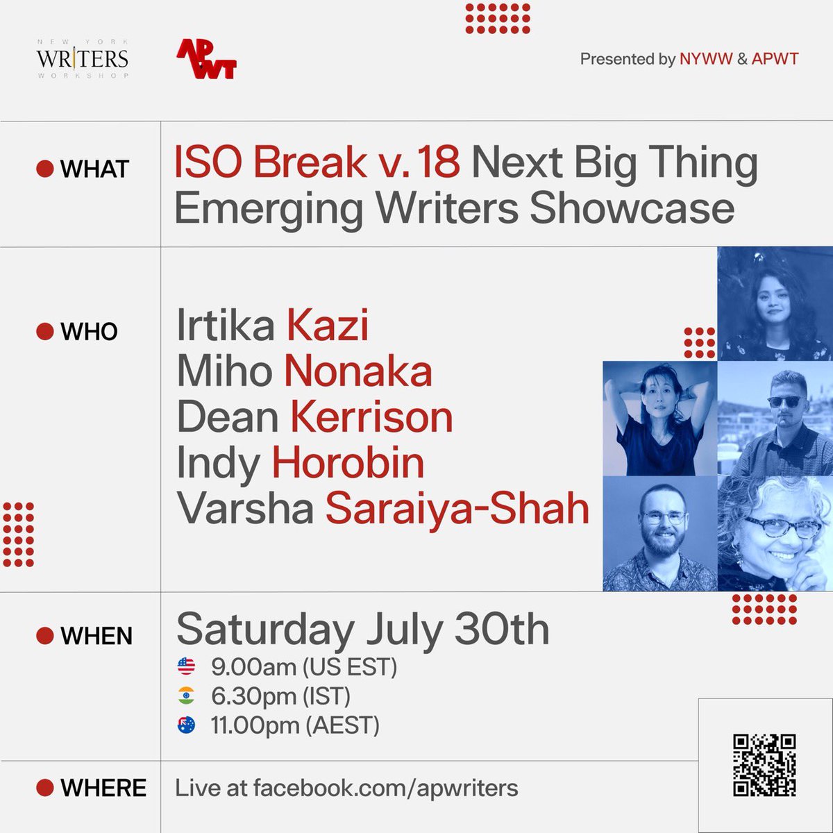 Saturday, July 30th join us for ISOBREAK v.18 Next Big Thing: Emerging Writers Showcase. Featuring amazing upcoming writers including Indy Horobin, Irtika Kazi, Dean Kerrison, Varsha Saraiya-Shah and Miho Nonaka. Hosted by Tim Tomlinson. ISO BREAK is free and live streamed online