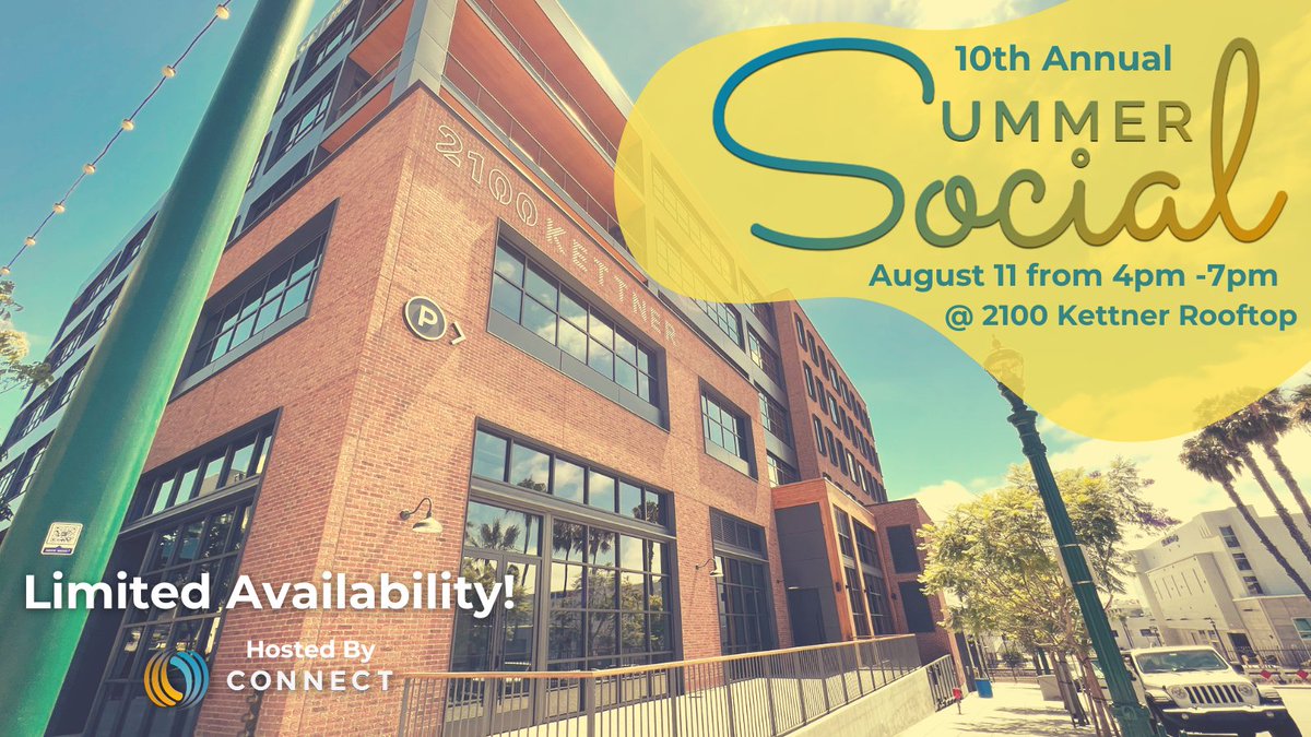 CONNECTinSD's tweet photo. Trying to find a reason to get out of the office early? Join your innovation friends at 2100 Kettner Rooftop in #SanDiego. Enjoy our amazing community with good food &amp; drinks.

August 11th from 4-7pm 📆 
Tickets: https://t.co/dWAKvWROV4 https://t.co/1bm3LTkgAL