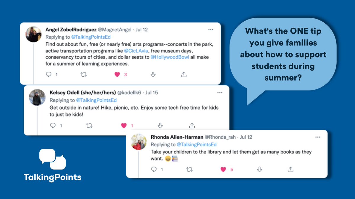 TalkingPointsEd's tweet photo. We ๐ these #TPTips from educators who know time outside the classroom is just as important as time inside. Send a message to your studentsโ families giving them some ideas to keep learning and having fun before school starts too. #familyengagement #teachertwitter https://t.co/wp80gS9glo
