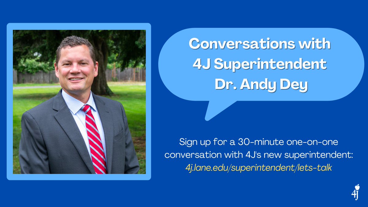 Hey, Eugene: You’re invited to join 4J Superintendent Dr. Andy Dey for a one-on-one conversation. Parents, students, staff & others, sign up to request your 30-minutes to ask Dr. Dey questions & share thoughts about the future of 4J: 4j.lane.edu/superintendent…