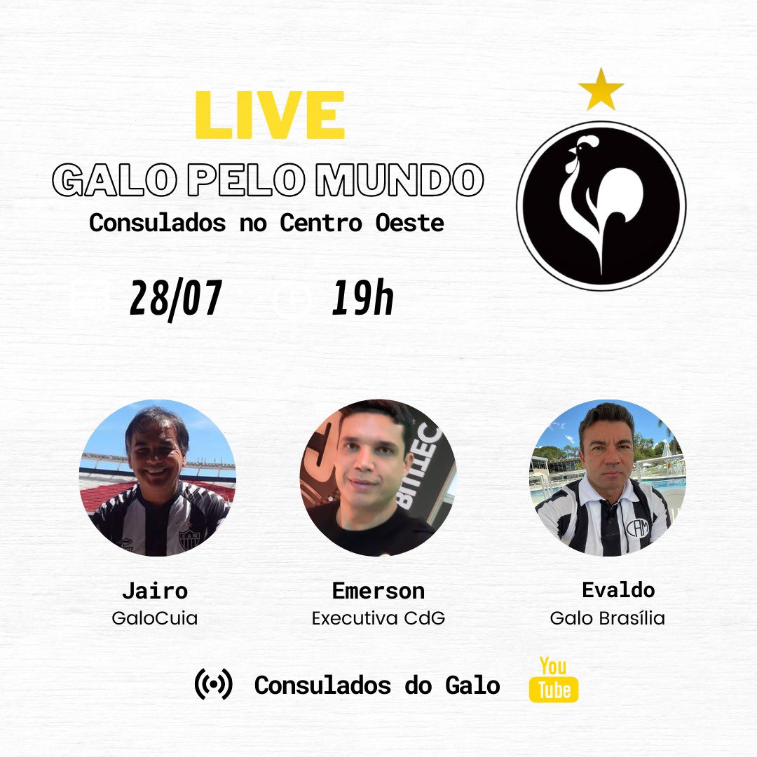 ConsuladosGalo's tweet photo. Alô  Massa Atleticana🐔🌍 Amanha a Live será um bate papo com o @GalocuiaOficial e o @GaloBrasiliaOf Os @ConsuladosGalo do @Atletico 
Te aguardamos amanha às 19h(horário da cidade do Galo) no nosso canal do YouTube https://t.co/MeszsLCCKh