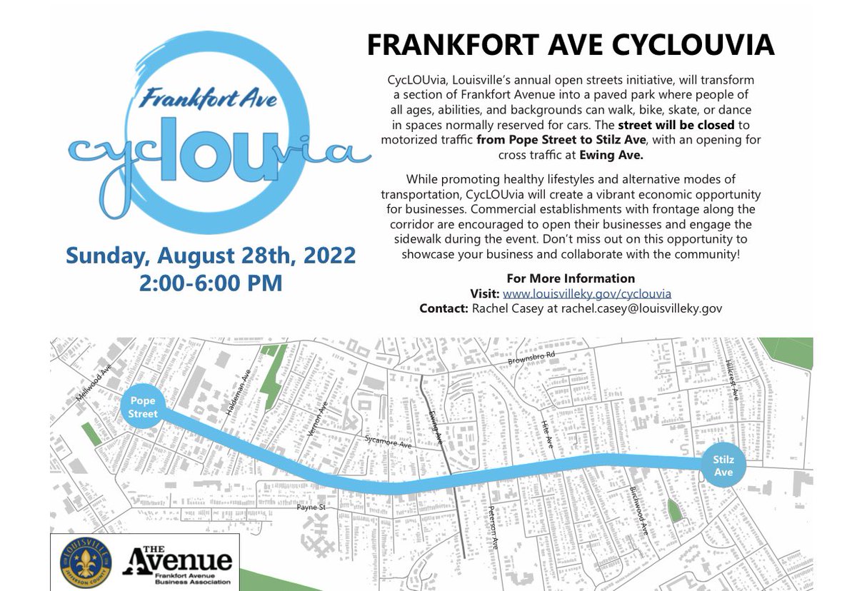 Here’s some good news. <a href="/CycLOUvia/">CycLOUvia</a> is returning to <a href="/FrankfortAve/">Frankfort Avenue</a> in August. Come out and play - and visit the great local businesses on The Avenue! ➡️ louisvilleky.gov/government/adv…