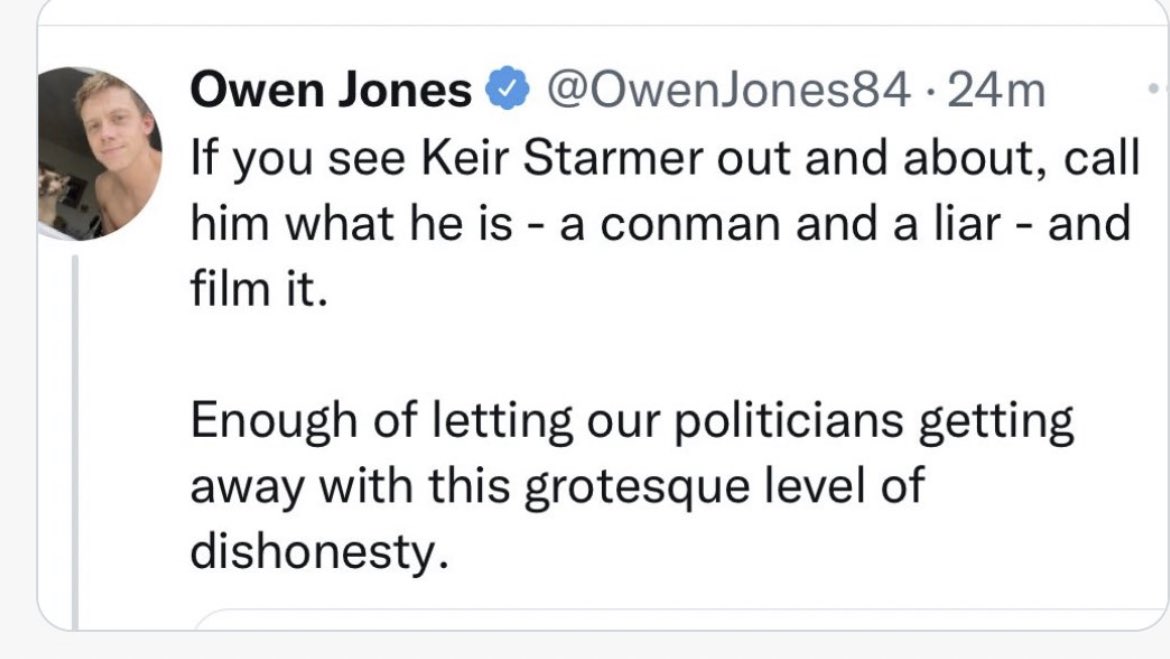 Owen Jones is seriously encouraging his 1 million followers to harass a politician in the street, maybe outside his home, less than a year after David Amess was stabbed. Has he lost his mind?