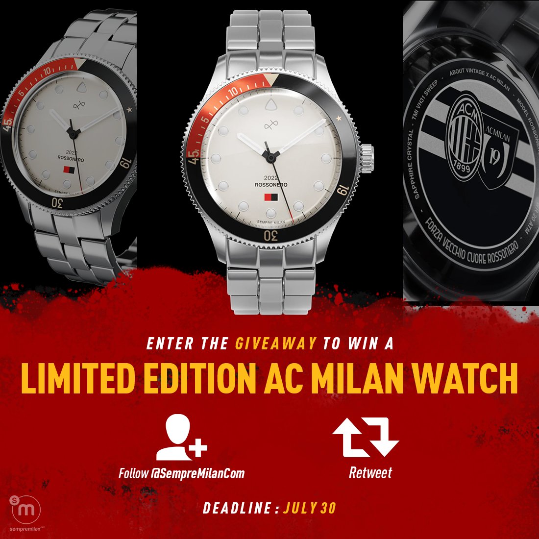 🎁 GIVEAWAY! Win a limited edition #ACMilan Scudetto watch from About Vintage...

➤ Follow <a href="/SempreMilanCom/">SempreMilan</a> and <a href="/SempreMilanTV/">SempreMilanTV</a>

➤ RT this tweet

➤ Deadline is midnight July 30

🤞 Good luck!