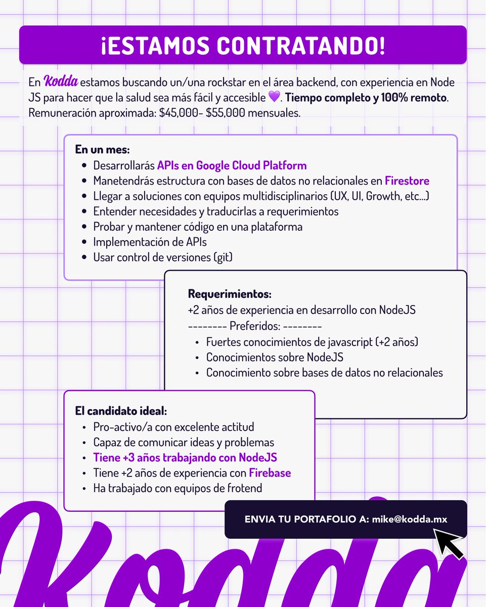 MikeAlvaradoL's tweet photo. Estamos buscando gente apasionada de la tecnología que nos ayude a hacer que la salud sea más accesible.  💜
Si son la persona indicada mándenme mensaje y cualquier tipo de difusión se agradece. 

-NodeJs
https://t.co/vMHXDiDXNK
-React Native
https://t.co/SzAeBDrqaB https://t.co/4naRpGkzjr