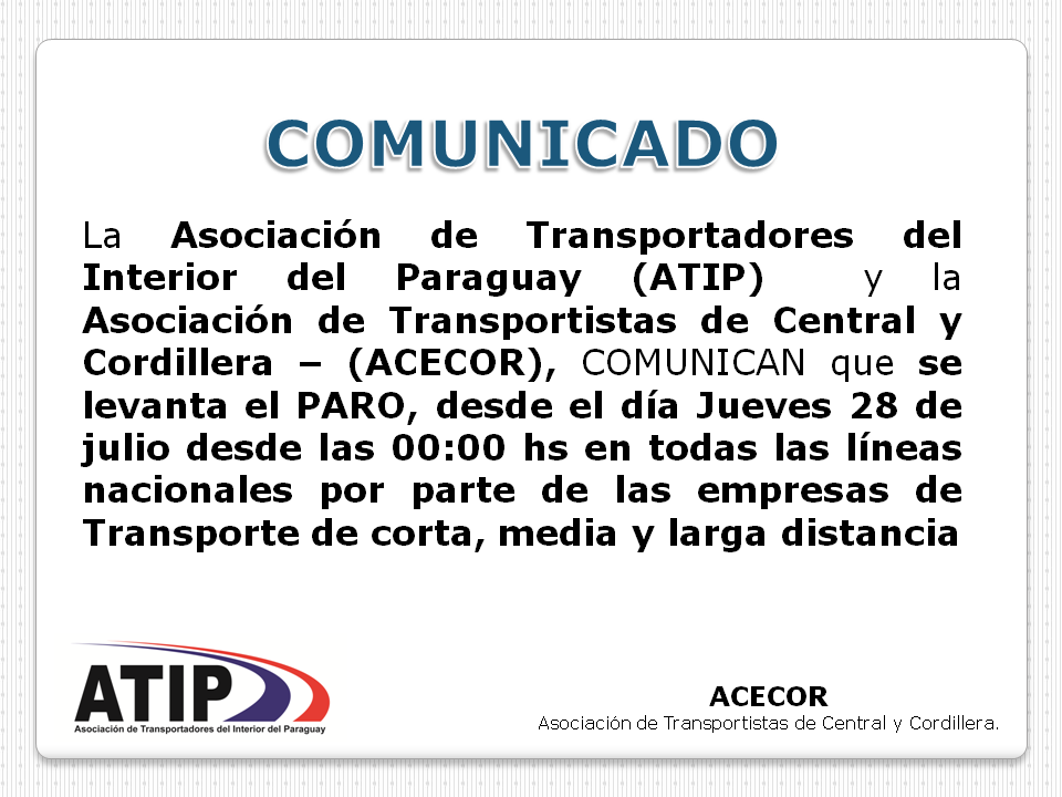 COMUNICADO IMPORTANTE
Se levanta el paro desde el jueves 28/07 a las 00:00 hs.