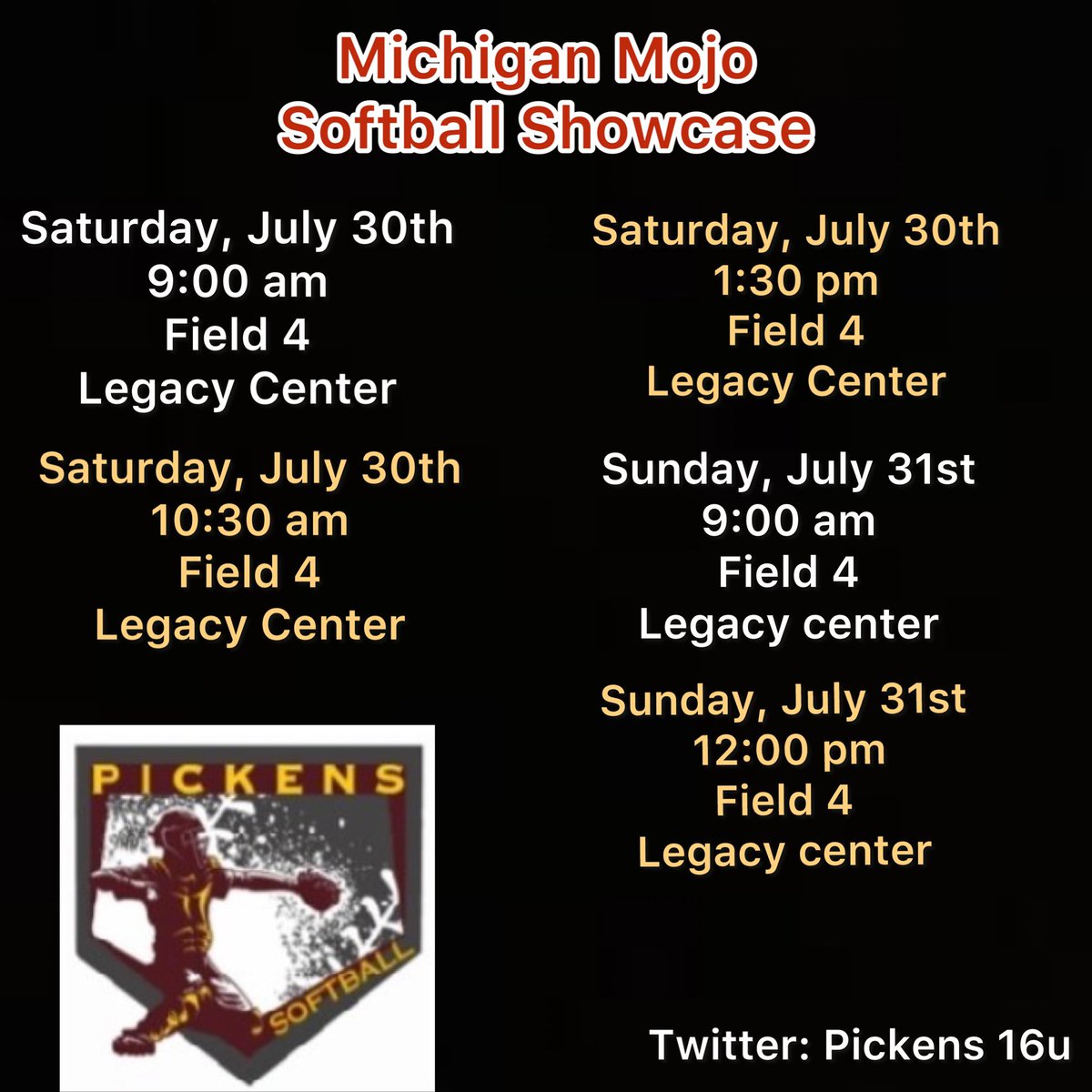 Here’s my schedule for my last summer tournament with @Pickens16u in Brighton! <a href="/CoachD_HopeSB/">Coach Daugherty</a> <a href="/beckyhilgert/">Becky Hilgert</a> <a href="/HopeCollegeSB/">Hope Softball</a> <a href="/CalvinSoftball/">Calvin Softball</a> <a href="/jlobdell24mlb/">James Lobdell</a> <a href="/DU_SBALL/">PANTHER SOFTBALL</a> <a href="/AlmaScotsSB/">Alma College Softball</a> <a href="/KelseyKooistra/">Kelsey Kooistra</a> <a href="/coachjennyrohn/">Jenny Rohn</a> <a href="/marleewilson/">Marlee Wilson</a> <a href="/Paige_McMenemy/">Paige McMenemy</a> <a href="/GVSUSoftball/">GVSU Softball</a>