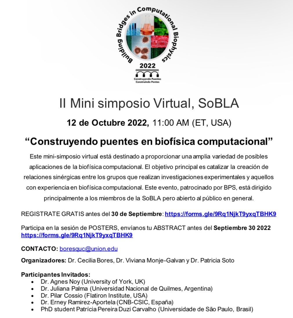 SOBLA (@sobla_biof) on Twitter photo 📢Save the date!El 12 d Octubre celebramos nuestro II Mini Simposio virtual“CONSTRUYENDO PUNTES EN BIOFISICA COMPUTACIONAL”con <a href="/PilarCossio2/">Pilar Cossio</a> <a href="/patricia_duzi/">Patrícia Pereira Duzi Carvalho PhD student 🧬☕🇧🇷</a> <a href="/ANoyLab/">Agnes Noy</a> <a href="/jpalma1503/">Juliana Palma</a> <a href="/Rami_Aport/">Erney Ramírez-Aportela</a> 🤩regístrate y/o manda tu abstract antes del 30 d Sept.👉 forms.gle/9Rq1NjkT9yxqTB…
📍+INFO👇 📢Save the date!El 12 d Octubre celebramos nuestro II Mini Simposio virtual“CONSTRUYENDO PUNTES EN BIOFISICA COMPUTACIONAL”con <a href="/PilarCossio2/">Pilar Cossio</a> <a href="/patricia_duzi/">Patrícia Pereira Duzi Carvalho PhD student 🧬☕🇧🇷</a> <a href="/ANoyLab/">Agnes Noy</a> <a href="/jpalma1503/">Juliana Palma</a> <a href="/Rami_Aport/">Erney Ramírez-Aportela</a> 🤩regístrate y/o manda tu abstract antes del 30 d Sept.👉 forms.gle/9Rq1NjkT9yxqTB…
📍+INFO👇