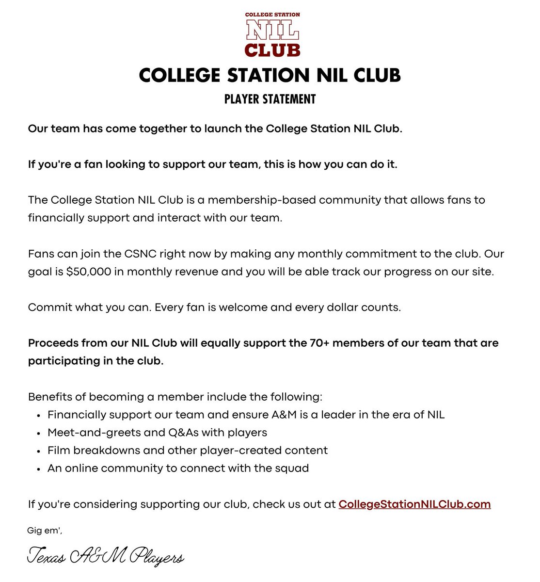 A message to the 12th Man… <a href="/CollegeStatNIL/">College Station NIL Club</a>