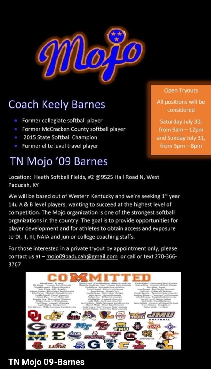 A reminder about the upcoming 14U  tryout for the TN Mojo 09-Barnes team. This is an amazing opportunity to join one of the premier softball organizations in the country.