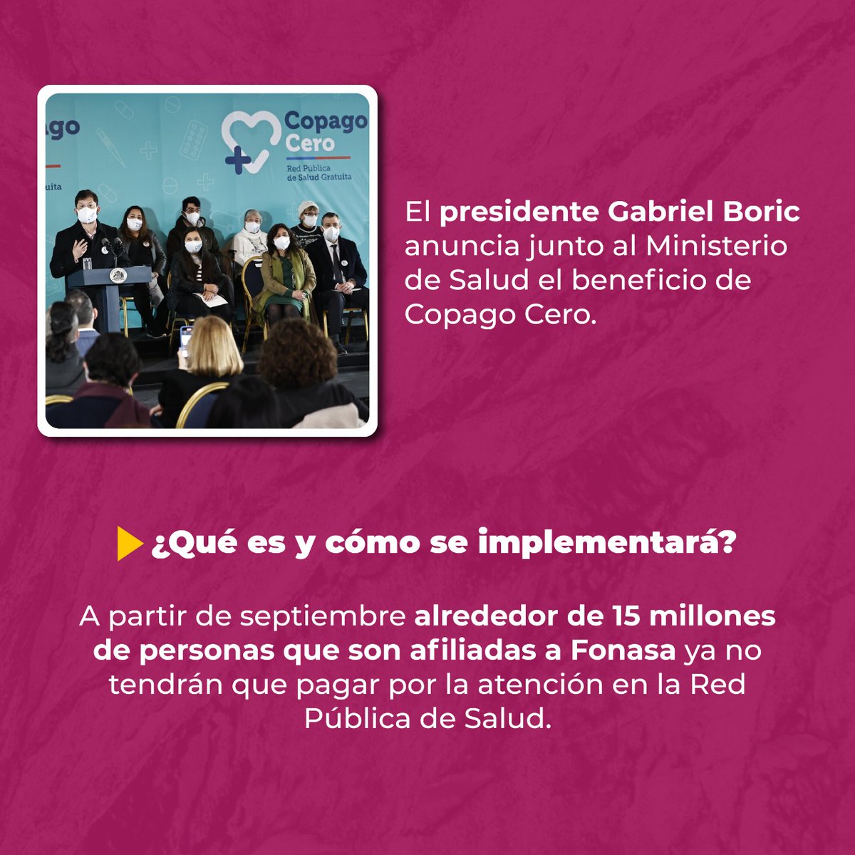 Partizana1's tweet photo. RT @la_convergencia: Hoy nuestro pdte @gabrielboric anunció el término del copago para las y los más de 5 millones usuarios de los tramos C y D de @Fonasa a partir de septiembre 🏥 Lo afiliados a que se atiendan en recintos de Salud Pública tendrán el… https://t.co/YrO0a8YAsQ