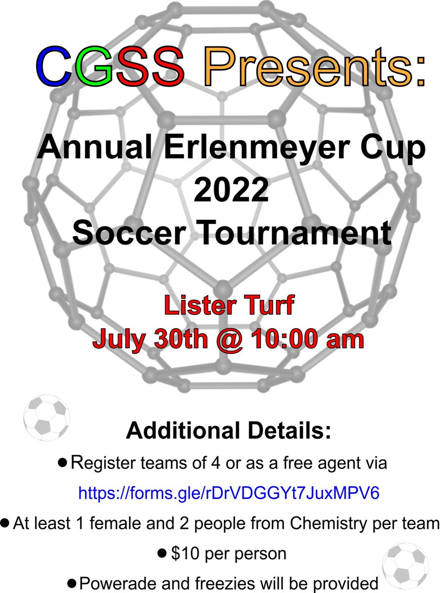 Hello Everyone!
We are hosting our annual Erlenmeyer cup this Saturday July 30th at the Lister turf at 10 AM. You can find all relevant info on the poster attached, along with the google form link for registration. Hope to see you there ⚽️🏃