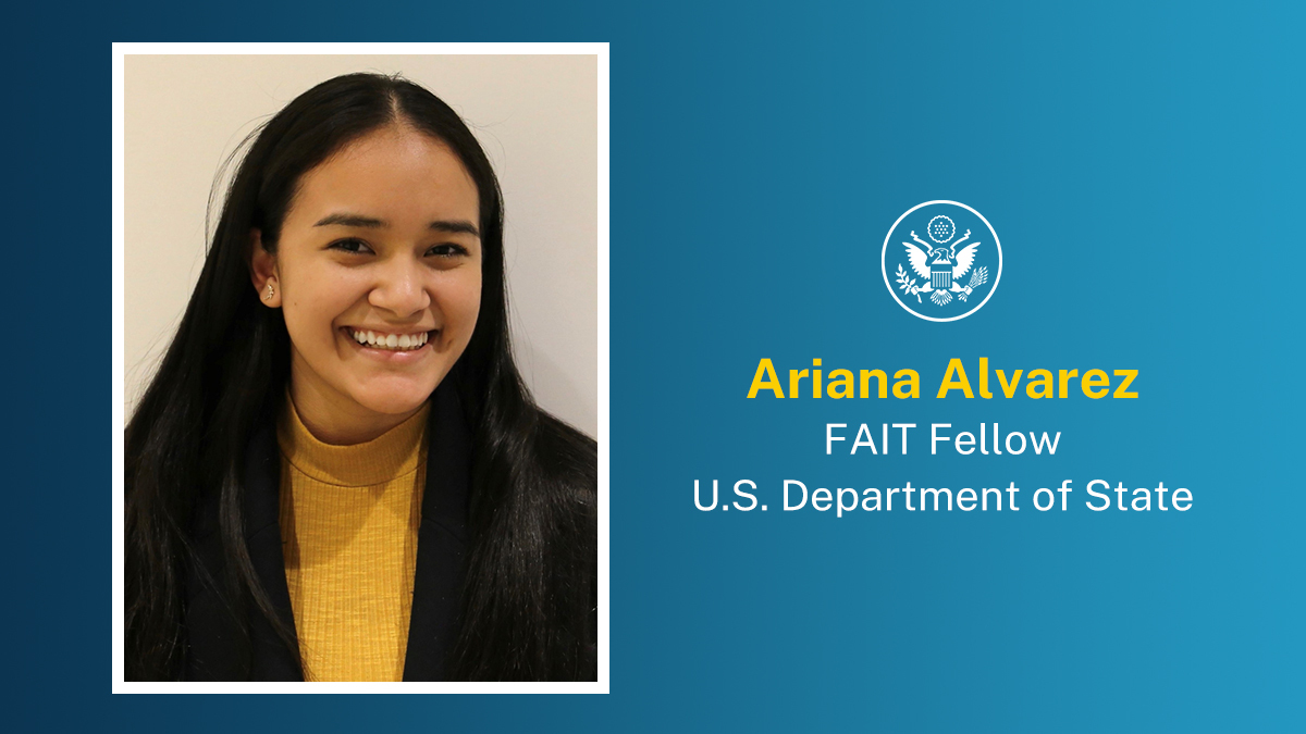 DepSecStateMR's tweet photo. Ariana Alvarez is a first-generation Ecuadorian-American and recipient of a 2021 @FAITFellowship. She's a rising senior @nyushanghai studying computer science &amp; interns for @FSIatState. @StateDept gains a lot from her experience in programming languages &amp; artificial intelligence. https://t.co/rFAg6wObXk
