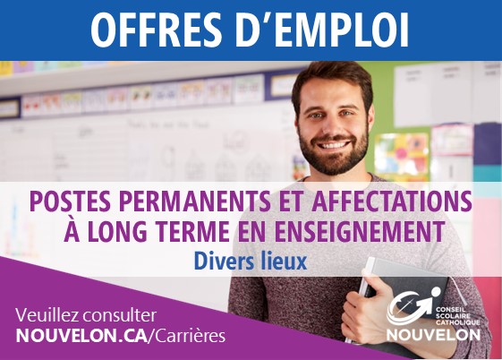 CSCNouvelOn's tweet photo. Nous embauchons pour l'année scolaire 2022-2023! Postulez en ligne dès aujourd'hui pour un poste permanent en enseignement, une affectation à long terme en enseignement ou un poste d'enseignant suppléant qualifié! https://t.co/WOScdo0WTD https://t.co/RWsSo5UCDG