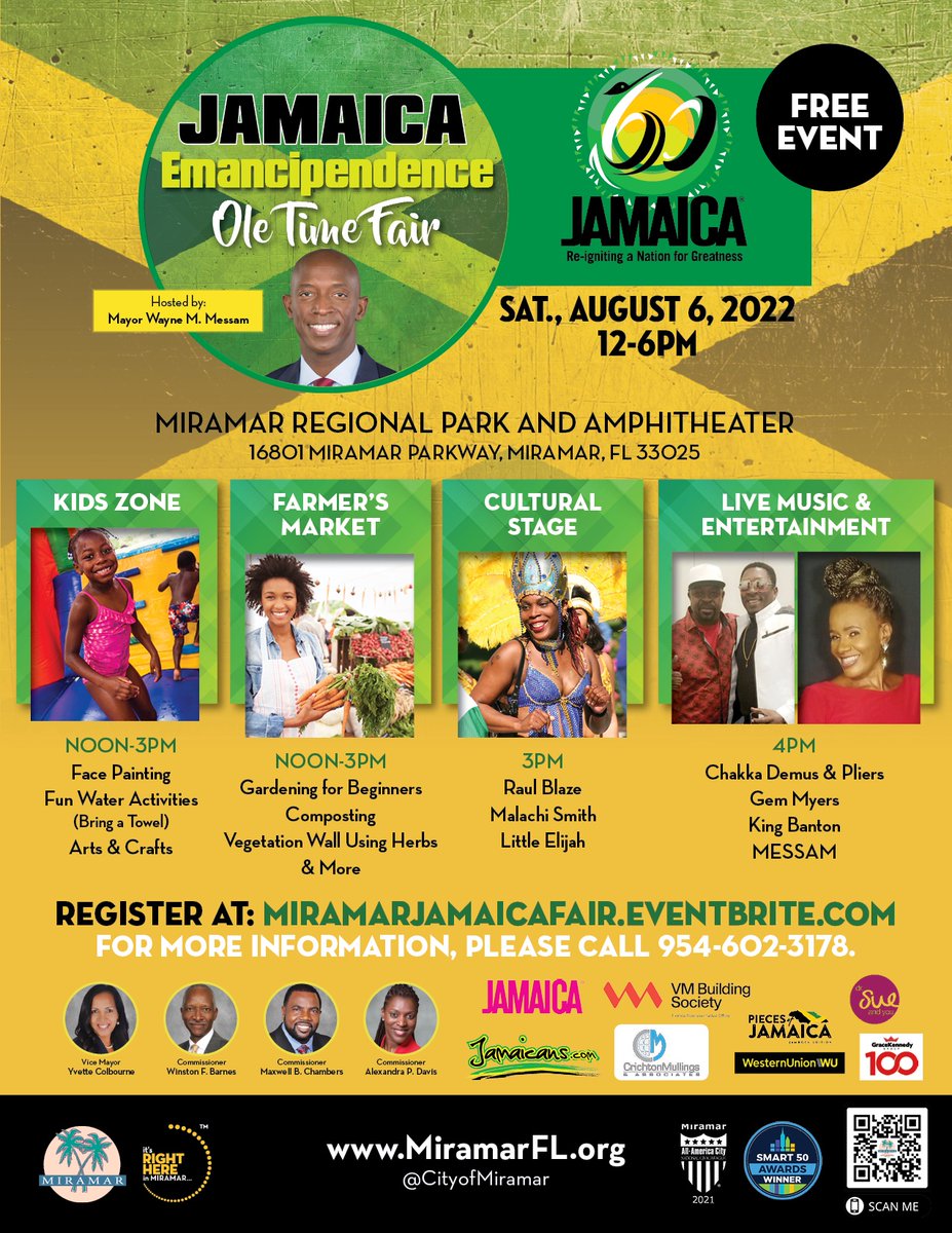 Celebrate Jamaica's 60th anniversary with Miramar!
Mayor <a href="/WayneMessam/">Wayne Messam</a> host Miramar's Ole Time Jamaica Fair! A FREE family friendly event celebrating Jamaicas 60th anniversary! 

Farmers Market
Live performances
Kids zone
Authentic Cuisine
&amp; more

Register: MiramarJamaicafair.eventbrite.com