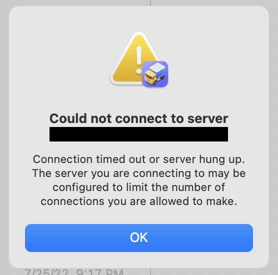 Berklie's tweet photo. @Panic ... my provider says I get the attached error because Transmit "creates a new user connection for every action". Can someone help me debug this? Thank you in advance. https://t.co/2O9Qj3CflB