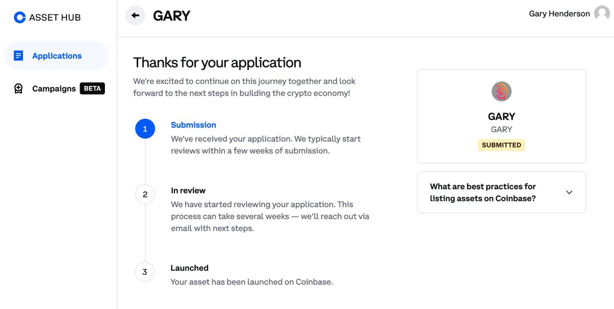 Here's our submission to be listed for trading on <a href="/coinbase/">Coinbase 🛡️</a>