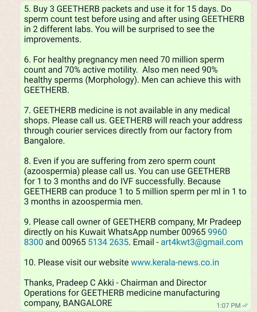 kuwait_geetherb's tweet photo. @narendramodi @PMOIndia @elonmusk @BillGates @warrenbuffet658, i started my GEETHERB in 2012. According to my experience, NOT ONLY miscarriages, still birth &amp; premature delivery are happening because of weak sperms BUT ALSO many children are born with bad health, weak heart etc https://t.co/OZBFmD9utJ