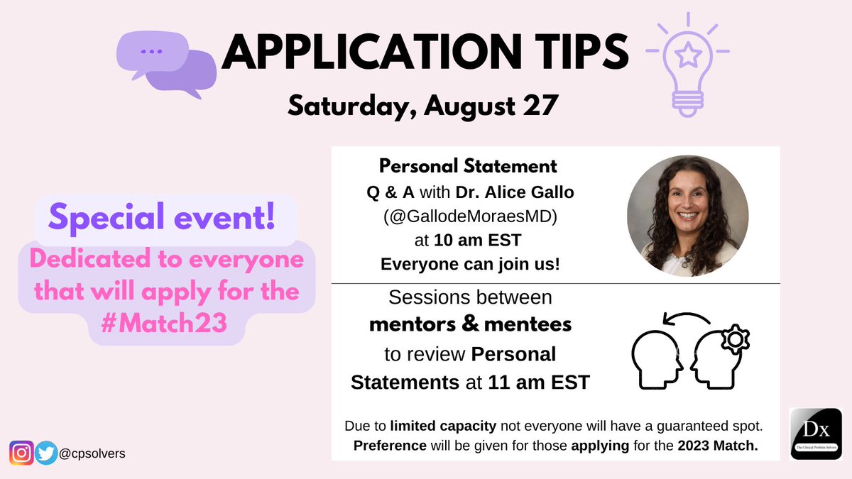 ⭐#MedTwitter, are you applying for #Match23?⭐

Please join us on 8/27 @ 10am EST for a residency application personal statement Q&amp;A with <a href="/GallodeMoraesMD/">Alice Gallo, MD</a>

We will also host mentor &amp; mentee sessions at 11am to review personal statements!

Sign up here: bit.ly/3S37DF8