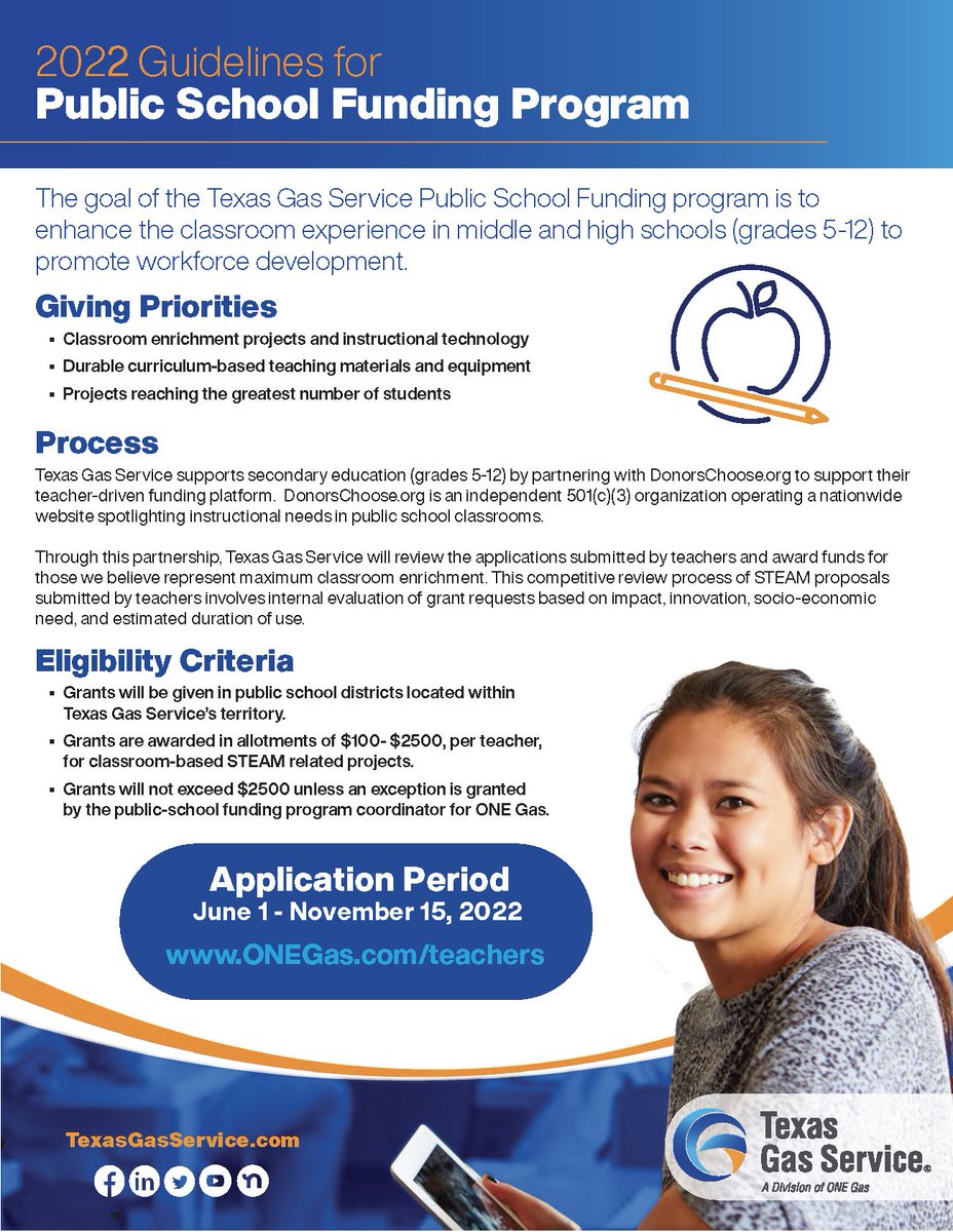🚨 STEAM GRANT ALERT 🚨
 
Texas Gas Service is partnering for with DonorsChoose.org to offer $100 - $2,500 grants for classroom-based STEAM projects. Educators who teach grades 5-12 can apply by Nov. 15 ➡️ bit.ly/TXGas22. #IamEPISD