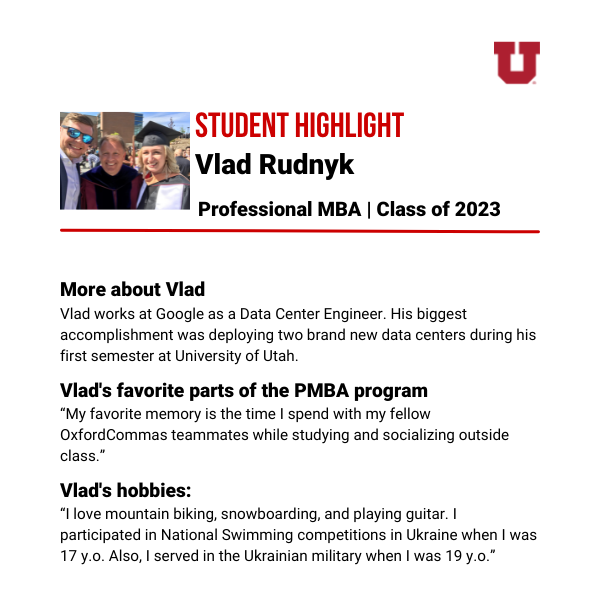 UtahPMBA's tweet photo. Student Spotlight! Vlad Rudnyk started last fall 2021 and has already made a positive impact on his fellow classmates. Other students have recognized Vlad for his grit, motivation, and team-oriented mindset. Thank you, Vlad, for all that you do in the PMBA program! https://t.co/7o2g1diUpI