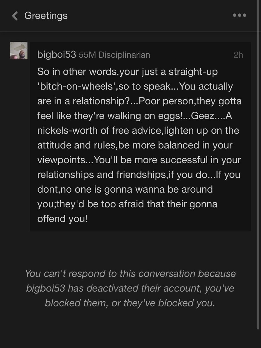 EverlyZara's tweet photo. This fellow sent me an unsolicited message today. I have never talked to him before. I reposted this and Fetlife has put me in a time out. They like to protect harassers #abuse #harassment #wuss https://t.co/4yYpnNZaQX