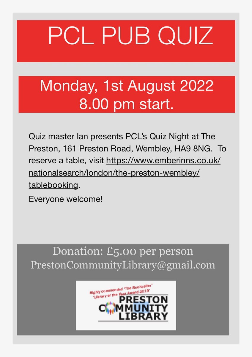 Preston Library (@prestonlib) on Twitter photo Our Pub Quiz is on Monday 1st August <a href="/preston_rd/">Preston Road Wembley</a> <a href="/bktimes/">Brent & Kilburn Times</a> <a href="/Hopkins_Alison/">Alison Hopkins</a> <a href="/SKPPRA/">SKPPRA</a> @cllrkennelly <a href="/CookmacCooke/">Geraldine Cooke</a> <a href="/BarhamLibrary/">Barham Park Library</a> <a href="/FlaumK/">Karen Flaum</a> <a href="/BrentLibraries/">Brent Libraries</a> <a href="/radioharrow/">Radio Harrow</a> <a href="/WembleyMatters/">Martin Francis</a> Our Pub Quiz is on Monday 1st August <a href="/preston_rd/">Preston Road Wembley</a> <a href="/bktimes/">Brent & Kilburn Times</a> <a href="/Hopkins_Alison/">Alison Hopkins</a> <a href="/SKPPRA/">SKPPRA</a> @cllrkennelly <a href="/CookmacCooke/">Geraldine Cooke</a> <a href="/BarhamLibrary/">Barham Park Library</a> <a href="/FlaumK/">Karen Flaum</a> <a href="/BrentLibraries/">Brent Libraries</a> <a href="/radioharrow/">Radio Harrow</a> <a href="/WembleyMatters/">Martin Francis</a>