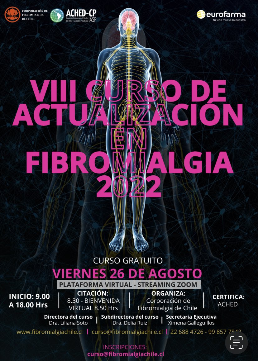 AchedCp's tweet photo. 👉🏽[VIII CURSO DE ACTUALIZACIÓN EN FIBROMIALGIA 2022]🤓

Viernes 26 de agosto, en plataforma virtual vía Zoom, de 9 a 18 hrs., 👀 con inscripciones gratuitas. 💯

Inscripciones: 👇🏼
curso@fibromialgiachile.cl 📩

Más Información en: https://t.co/q7irPlrSvS 📌

#fibromialgia #chile https://t.co/n3bAV5fBWw