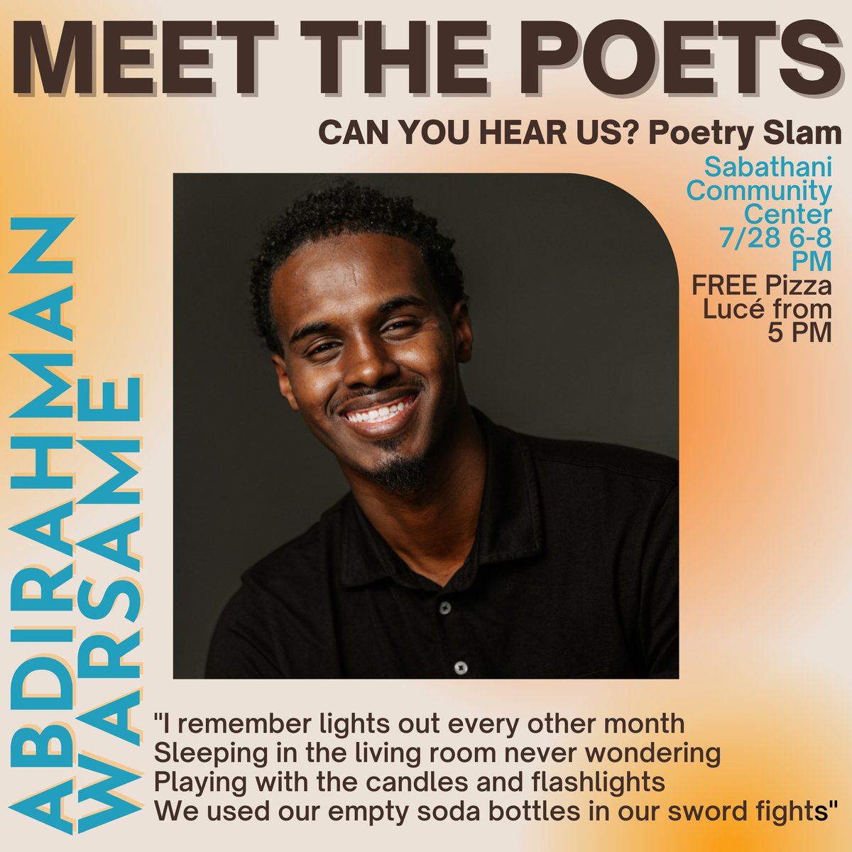 MEET THE POETS PERFORMING THURSDAY! 

Come out to support these talented writers and to hear their stories.

Sabathani Community Center ( 310 E 38th St Ste 200, Minneapolis, MN 55409). Pizza from 5 PM, Poetry 6-8 PM.

Tickets: bit.ly/canyouhearusti… (pay what you can, 0$ to 10$)