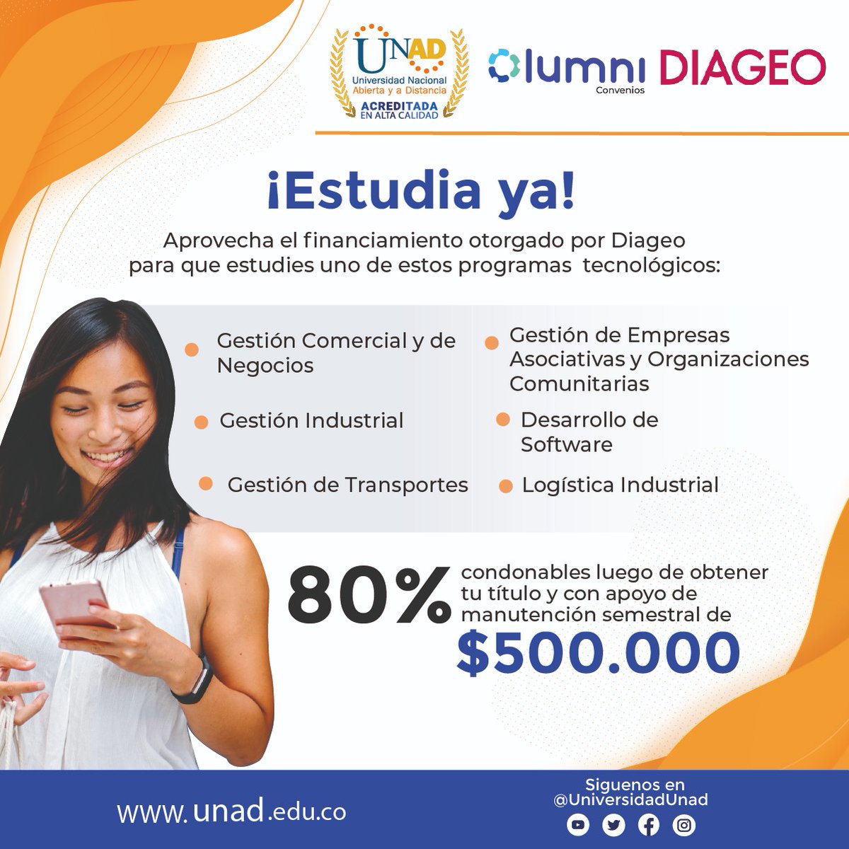 ¿Ya conoces los programas académicos de la UNAD que aplican en becas Lumni - Diageo? 👀

Aquí te compartimos la información de cada uno de ellos y los beneficios que podrás tener 😉😮👏🏼.

✅ Recuerda participar en nuestro Facebook Live mañana 28 de julio desde las 5:00 p.m. 🤩
