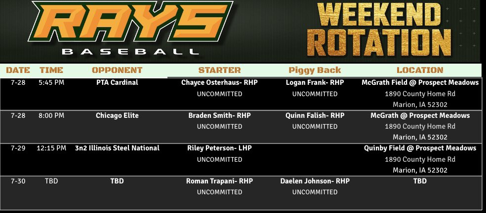 GRB Rays 17U Green rotation for this weekend <a href="/ProspectMeadows/">Prospect Meadows</a> in Marion, Iowa. #RaysYourGame