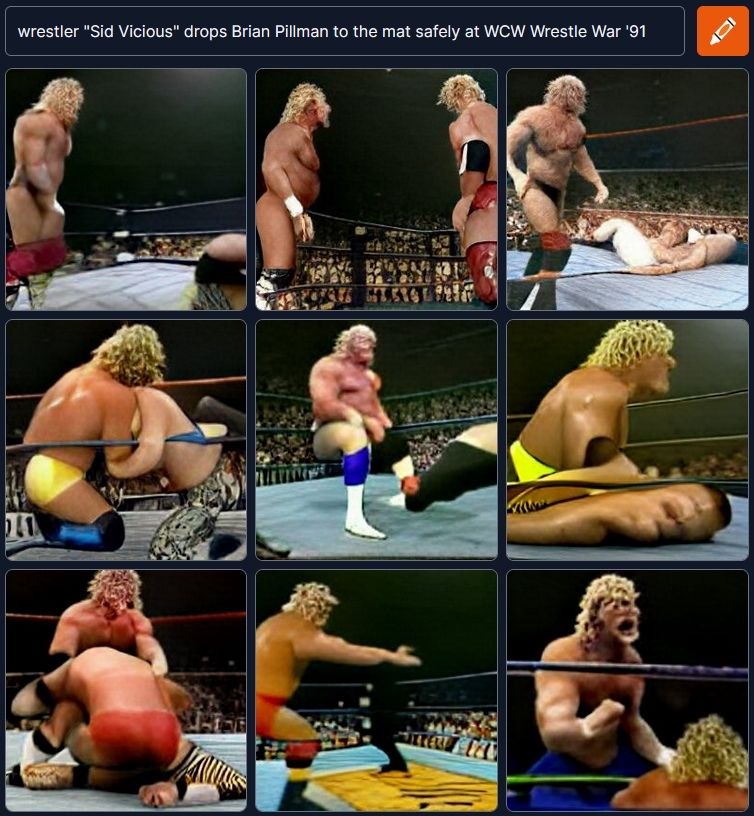 WrestlingAI's tweet photo. wrestler "Sid Vicious" drops Brian Pillman to the mat safely at WCW Wrestle War '91 

#DALL·E #craiyon #wrestling #AI #draw #modeling #CPUimaging #WrestlingAI https://t.co/6ZbiWUKxL7