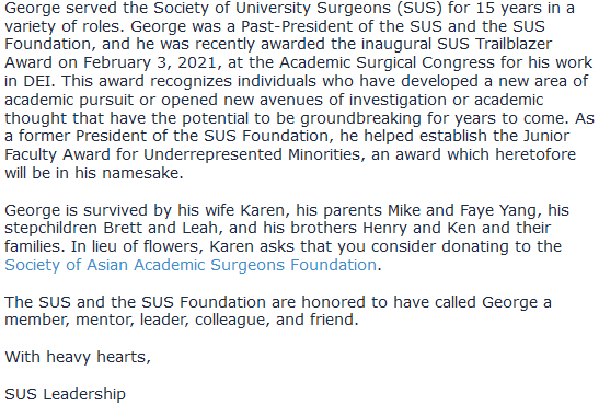 We are truly heartbroken to announce the passing of our dear friend and colleague Dr. George Yang. In this moment of tremendous sadness, it is important to reflect on his remarkable life and take solace in the fact that his impact will live on. #RIPGeorgeYang