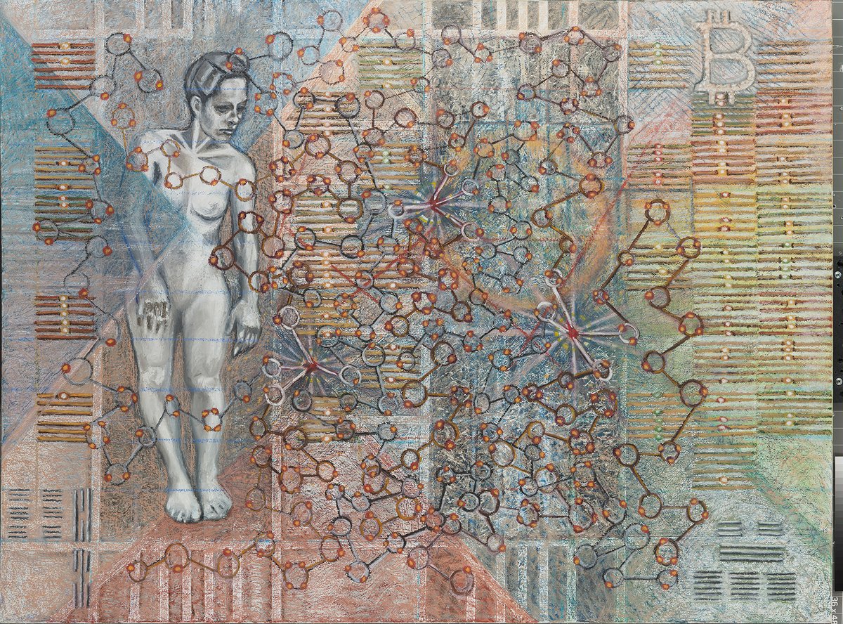 This painting of mine is a visual representation of a bitcoin private key, only it was "encrypted" by puzzle mechanics. Essentially an "abstract" private key. It was solved in 2016. The solver claimed the bitcoin private key and wallet loaded with multiple bitcoin.