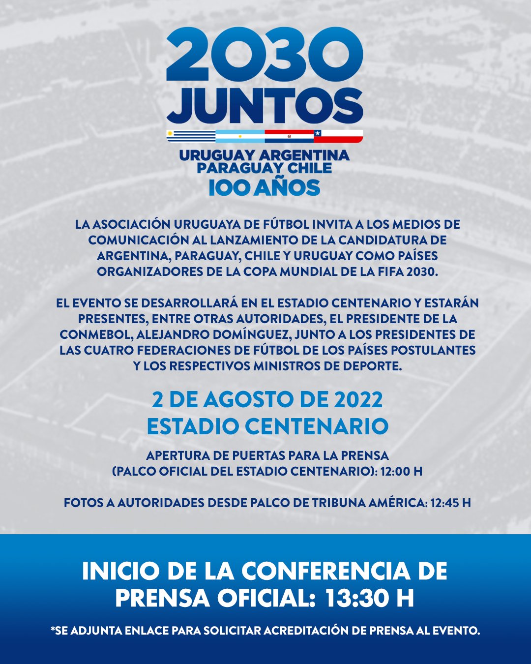 Roy Nemer on Twitter: "The Uruguayan FA have stated that Uruguay, with Argentina, Paraguay and Chile will launch their candidacy to host the 2030 FIFA World Cup on August 2. The 2030