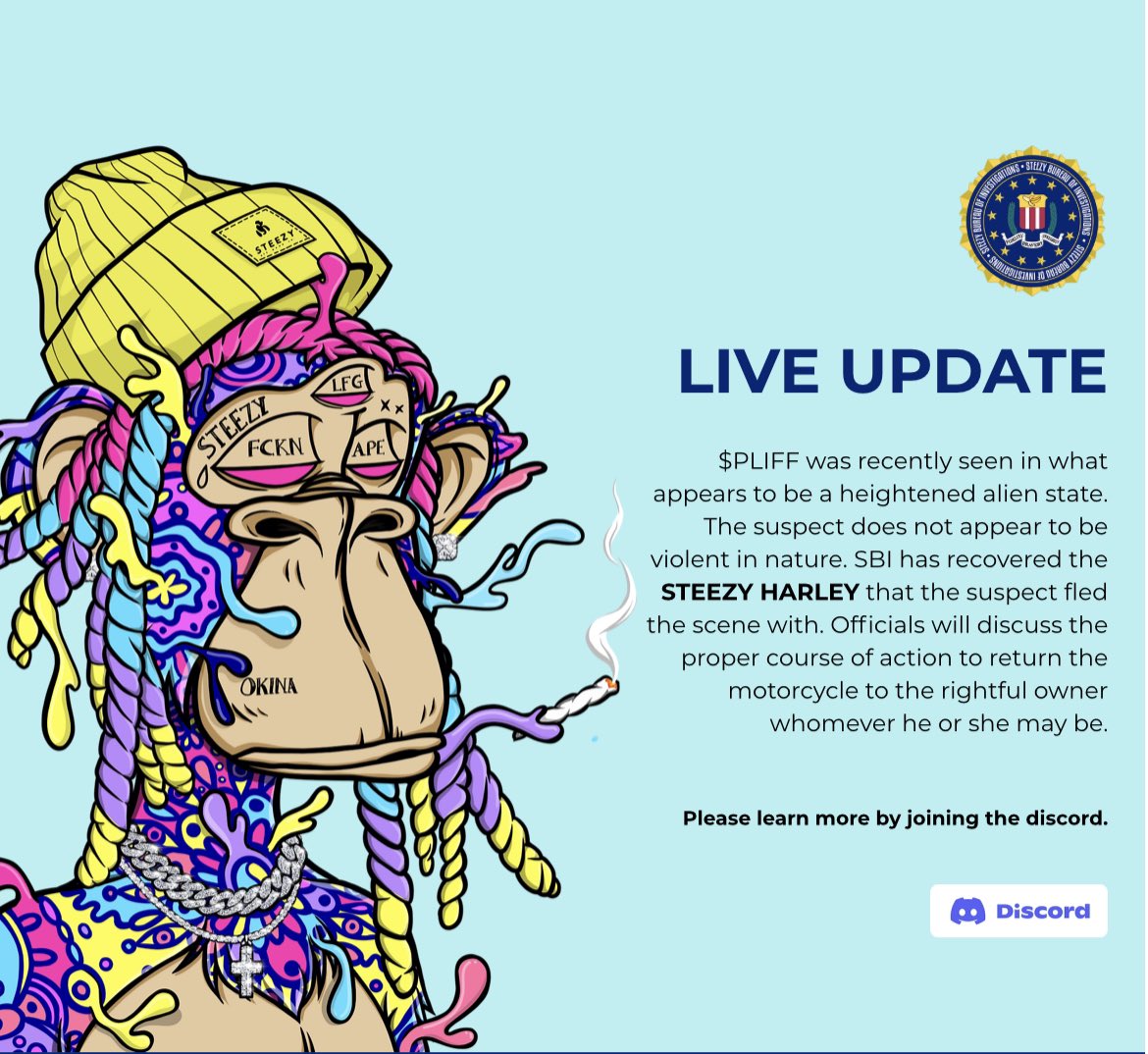 Oh snap, $pliff sighting! Harley gonna be given to its rightful owner. Mint will continue 7.29.22 6pm EST for Generative holders. Get in discord for more info. discord.gg/okinagroup #SteezyApeGang #PickYourPoison #NFTCommunity #NFTs #NFTArts