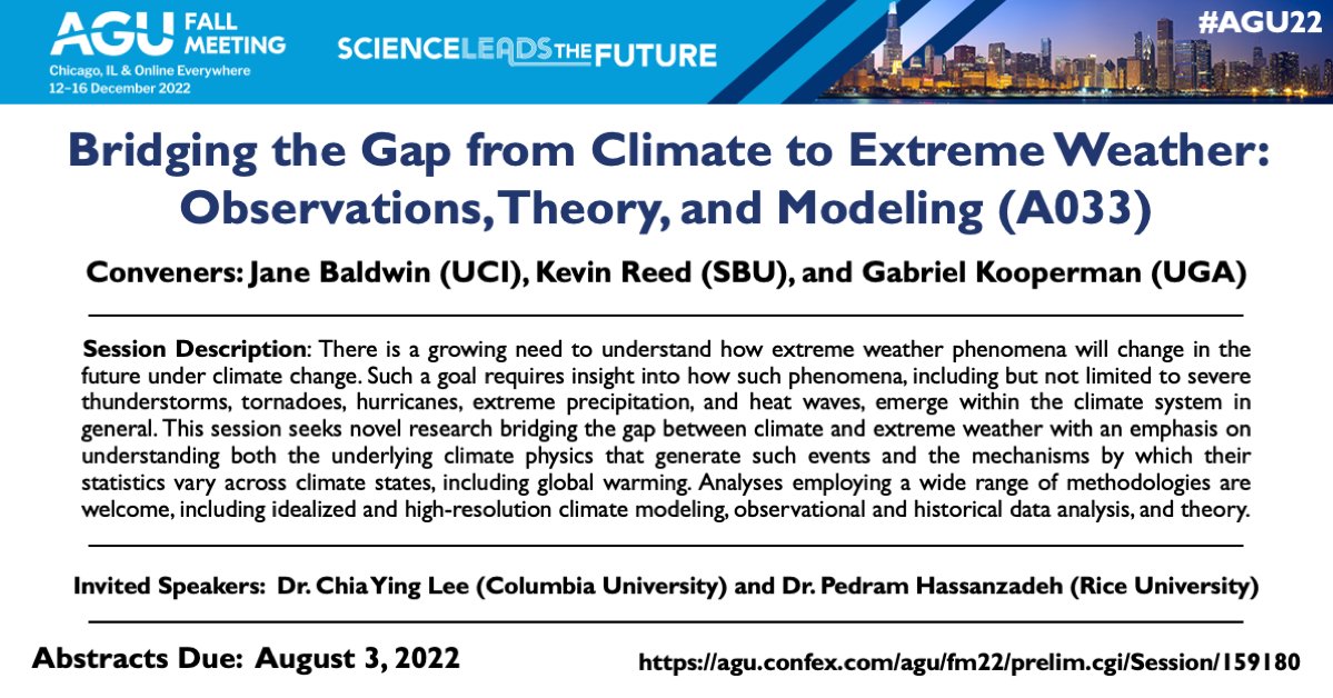 Dr. Jane W. Baldwin (@janewbaldwin) on Twitter photo Please consider submitting an abstract (by 8/3) to our AGU Fall Mtg session linking climate and extreme weather. ⛈️🔥🌡️ Session is 6 years and running!
Invited speakers: Chia-Ying Lee (Columbia U.) and Pedram Hassanzadeh (Rice U., <a href="/turbulentjet/">Pedram Hassanzadeh</a>).
*RT appreciated!* Please consider submitting an abstract (by 8/3) to our AGU Fall Mtg session linking climate and extreme weather. ⛈️🔥🌡️ Session is 6 years and running!
Invited speakers: Chia-Ying Lee (Columbia U.) and Pedram Hassanzadeh (Rice U., <a href="/turbulentjet/">Pedram Hassanzadeh</a>).
*RT appreciated!*