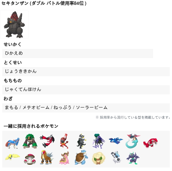 ぽけチャート ぽけチャ ダブルバトル採用率84位 セキタンザンの流行している型 せいかく ひかえめ とくせい じょうききかん もちもの じゃくてんほけん わざ まもる メテオビーム ねっぷう ソーラービーム T Co Pensdtvr0k T