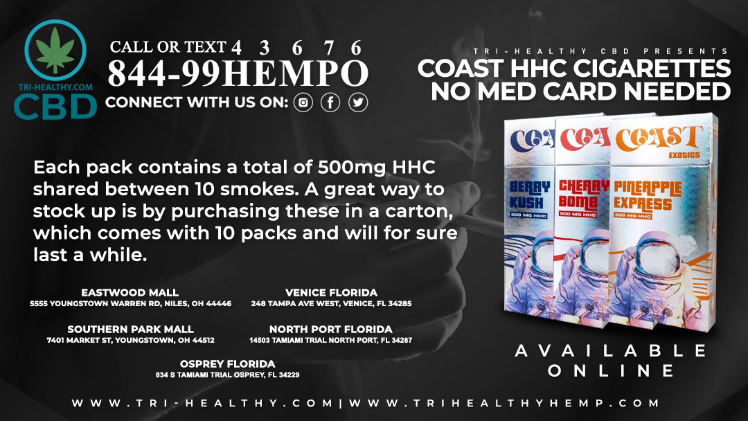 trihealthcbd's tweet photo. Checkout our HHC smokes by Coast. https://t.co/H9EIsdSvQG #CoastCigarettes #Coast #HHCCigarettes #BerryKush #CherryBomb #PineappleExpress #Cigarettes #CBDCigarettes #TriHealthyCBD https://t.co/SWjyWfOiTg