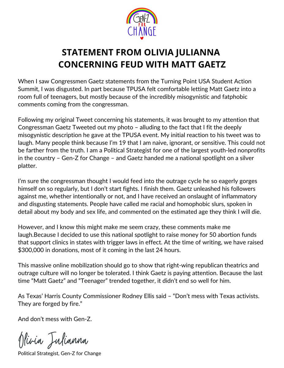 My statement on how I turned Republican Congressmen Matt Gaetz attacks against me into an abortion fundraiser, raising more than $300,000 in less than 48 hours. 👇🏼 #MattGaetzIsTriggered