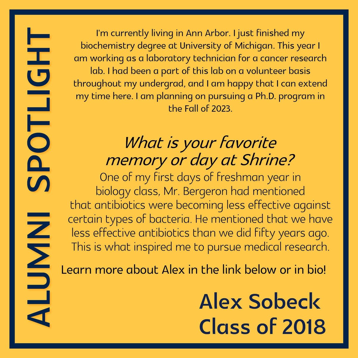 Alex Sobeck '18 is pursuing his passion...a passion that was lit in the classrooms of Shrine Catholic High School! Learn more about his plans and his advice to our current and prospective students! shrineschools.com/alumni-spotlig…
#ShrinePride 
#ThisIsShrine