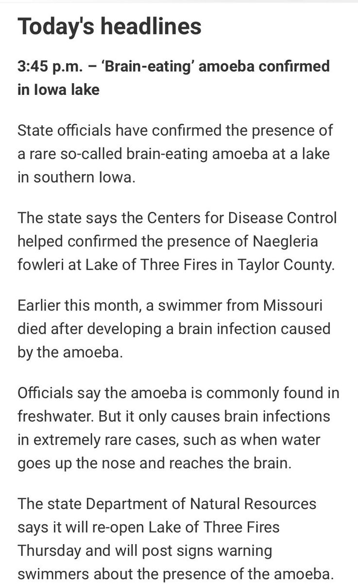 Clay_Masters's tweet image. The beach at Lake of Three Fires in Taylor County is back open. And it WAS a brain eating amoeba that killed the swimmer from Missouri. 

Also, DNR is going to put up some signs about it. @IowaPublicRadio