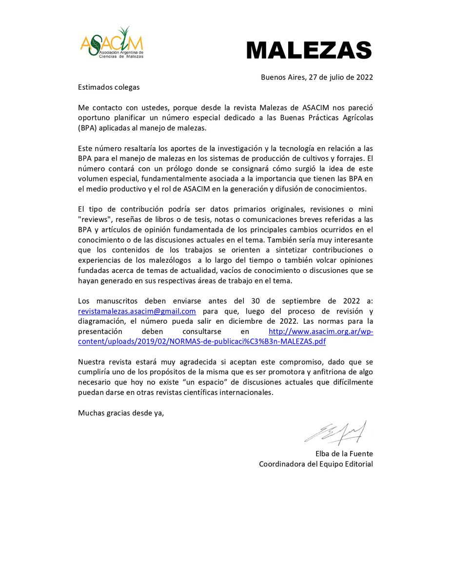 Estimados colegas, los invitamos a enviar sus contribuciones a nuestra revista Malezas. Más información 👇