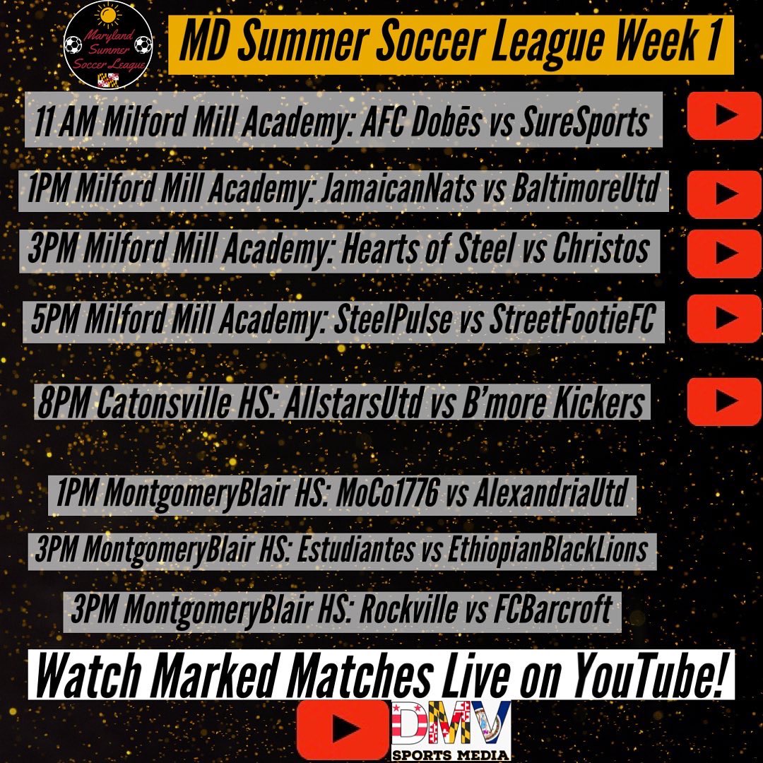 The stage is officially set. This weekend, teams will begin the battle for $5k and the MD Summer Cup 🏆 

We will stream as many games as we can LIVE on YouTube. Subscribe to “DMV Sports Media” to get reminded for all live games

#semiprosoccer #amateursoccer #futbol