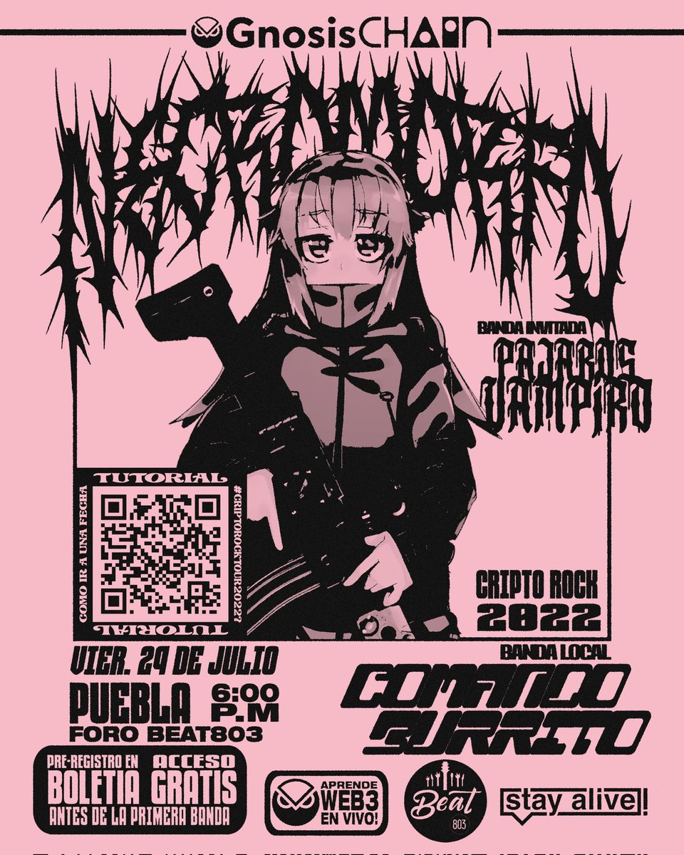 StayAliveMX's tweet photo. 🦇CRIPTO ROCK 2022🦇
🖤 NecroMorfo y Pájaros Vampiro
🗓️VIERNES 29 DE JULIO 6:00PM
@beatpueblamx
Link de registro📱: https://t.co/2IHadkWR69
🔥ENTRADA GRATUITA de 6 a 8 pm  🔥 https://t.co/VMJo5IFKf2