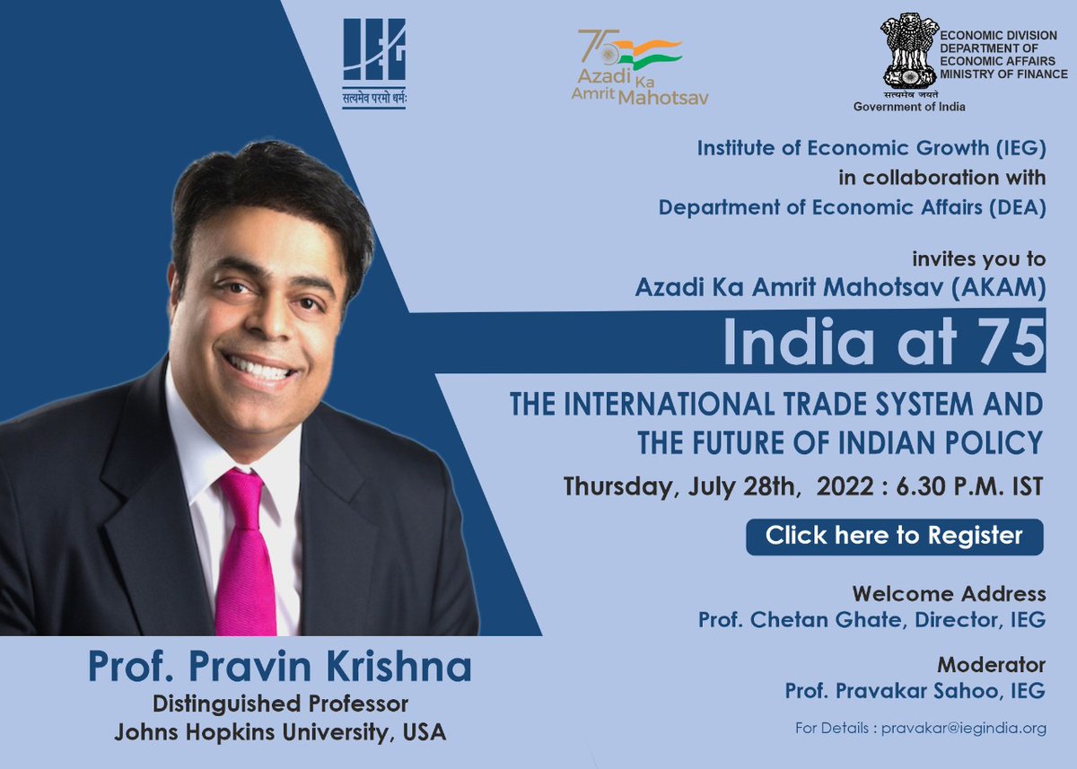 Pravin Krishna (@krishna_pravin) on Twitter photo My talk tomorrow on Indian Trade Policy (9 am EST, 630 pm IST) at the Institute for Economic Growth <a href="/IEGResearch/">Institute of Economic Growth</a> (with the Department of Economic Affairs) -- Part of a series of talks to celebrate the 75th year of India's Independence. Link below. <a href="/SAISHopkins/">Johns Hopkins SAIS</a> <a href="/JHU_India/">Johns Hopkins Gupta-Klinsky India Institute (GKII)</a> My talk tomorrow on Indian Trade Policy (9 am EST, 630 pm IST) at the Institute for Economic Growth <a href="/IEGResearch/">Institute of Economic Growth</a> (with the Department of Economic Affairs) -- Part of a series of talks to celebrate the 75th year of India's Independence. Link below. <a href="/SAISHopkins/">Johns Hopkins SAIS</a> <a href="/JHU_India/">Johns Hopkins Gupta-Klinsky India Institute (GKII)</a>